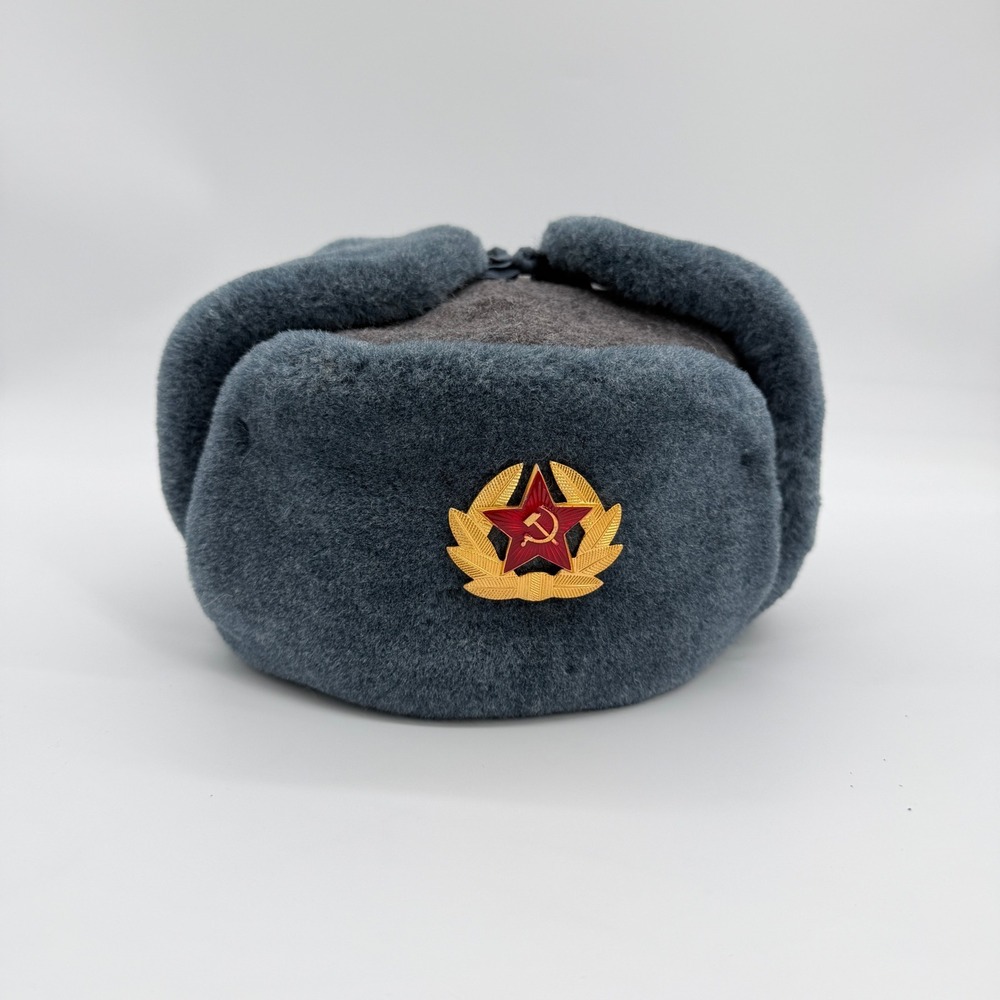 Vintage Soviet Ushanka Russian Winter Trapper Hat Size 58 Wool Faux Fur Grey Blu